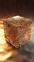 Obraz premium Golden Cube Intricate Linear Design Abstract Art