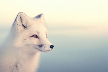 Elegant white fox gazing into serene landscape, embodying tranqu