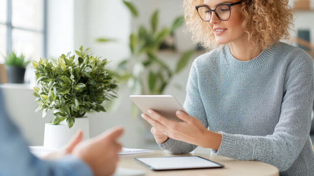 woman with curly hair and glasses using tablet in bright, modern workspace. atmosphere is calm and focused, with greenery in background