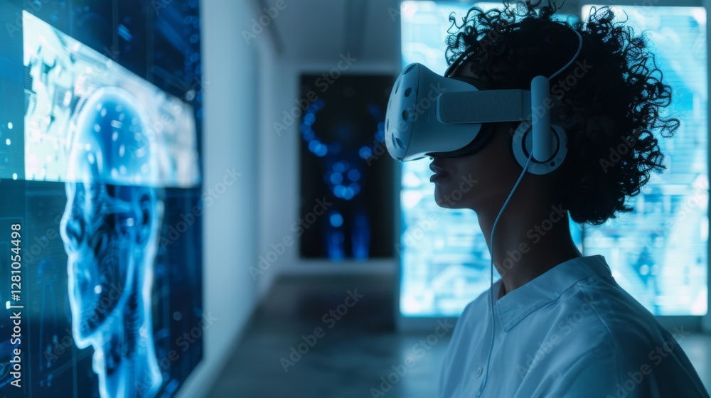 Aufkleber individual engages with a virtual reality headset in a modern setting designed for mental health and