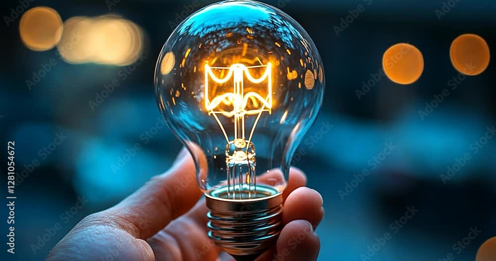 Poster close up of hand holding light bulb with bokeh background suggesting new ideas