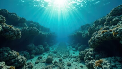 Obraz premium Underwater coral reef canyon affected by coral bleaching with sunlight rays 