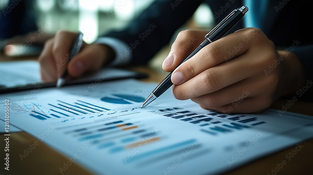 Poster professional analyst reviewing financial reports with charts and graphs on table in office environme