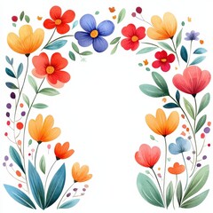 Obraz premium A vibrant floral design featuring colorful blossoms and green leaves, creating a whimsical frame.