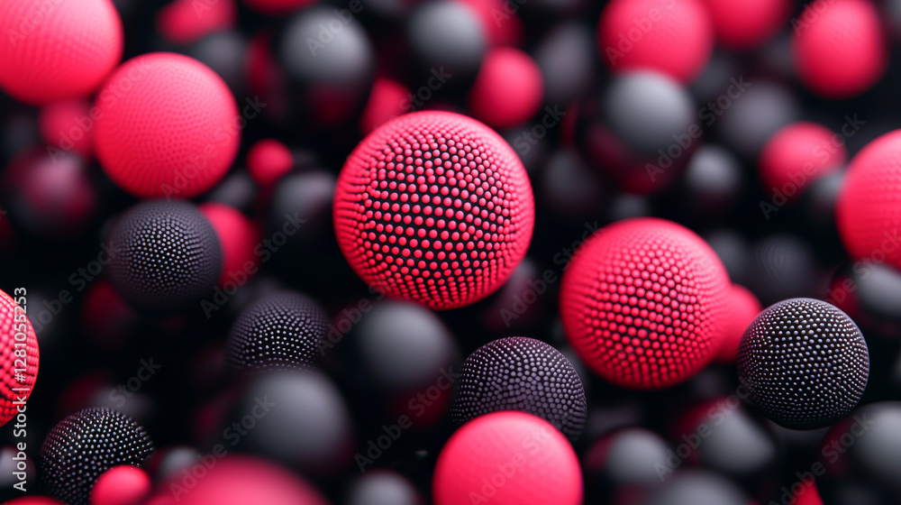 Poster colorful abstract spheres in red and black create a striking visual pattern.