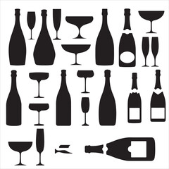 set of vector Champagne silhouette, Champagne bottle and glass fireworks cheers icon, champagne glasses, BOTTLE	
