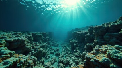 Fototapeta premium Underwater coral reef canyon affected by coral bleaching with sunlight rays 