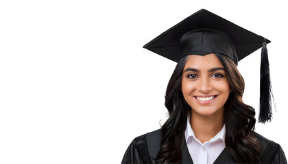 Portrait of a smiling young Indian female college student wearing a square academic cap for graduation, isolated on transparent background