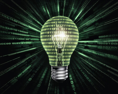 A glowing lightbulb made of binary code with green background, symbolizing the fusion of technology and innovation in the digital age.