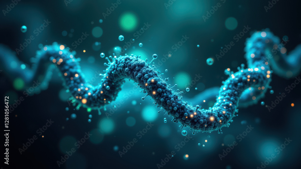 Poster image depicting semaglutide with a dna double helix structure and bubbles, representing science and 