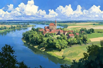 Obraz premium This digital art illustration painting, available as stock, showcases a serene kingdom landscape with rolling green hills