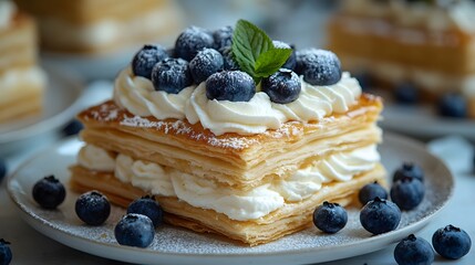 Flaky puff pastry topped with whipped cream and fresh blueberries is elegantly displayed on a white plate, emphasizing creamy texture and golden brown pastry.