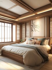 A modern bedroom with beautiful wooden ceiling and wooden bed