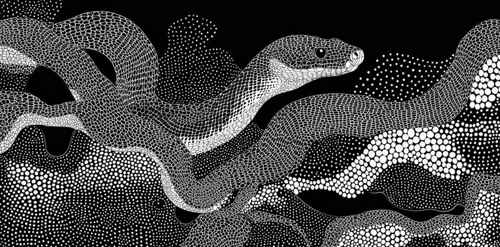 White on black, a seamless pattern of small, dense hand-drawn polkadots forms an animal spots design, evoking the aesthetic of abstract aboriginal dot art or organic cellular textures in a trendy