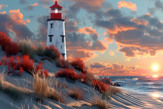 white and red lighthouse standing on dunes against sea on sunset