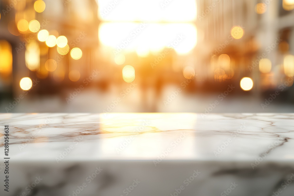Poster white marble tabletop in the bottom part of the image, blur warm light with bokeh in background