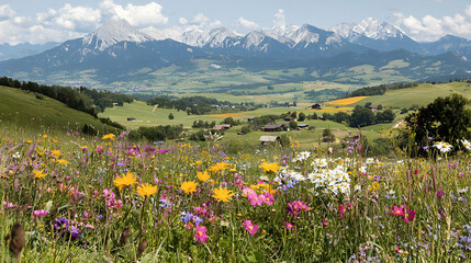 Fototapeta premium Alpine meadow wildflowers, mountain backdrop, rural valley