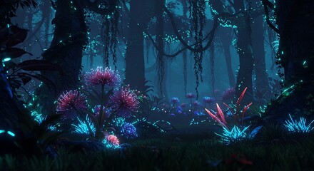 Obraz premium Exploring Enchanted Forest with Glowing Flowers and Mystical Atmosphere