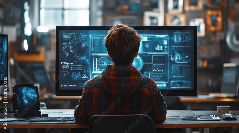 Poster a young person is focused on a large screen displaying data analytics in a tech-savvy workspace full