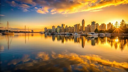 Fototapeta premium Golden light reflecting on the calm waters of Victoria Harbor at sunset, vancouver harbor, harbor