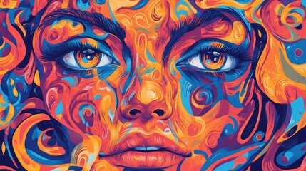 Abstract colorful face; swirling, vibrant hues.