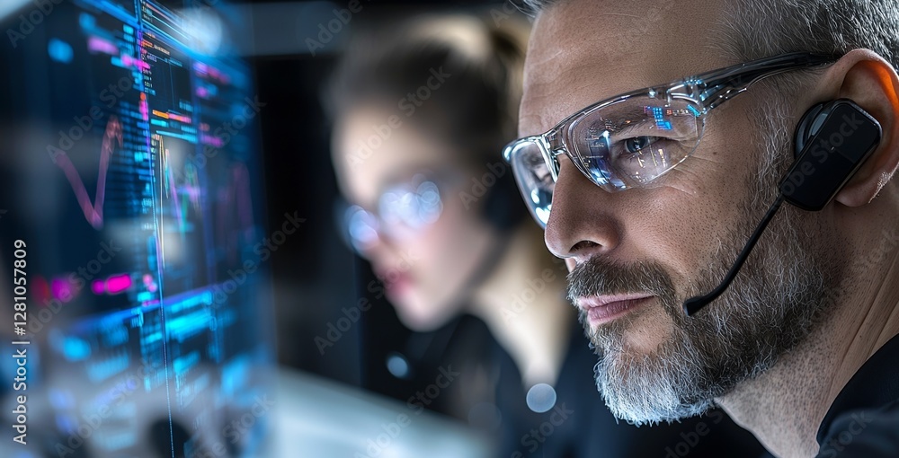 Poster a futuristic call center features a man overlayed with holograms as he engages in telemarketing conv