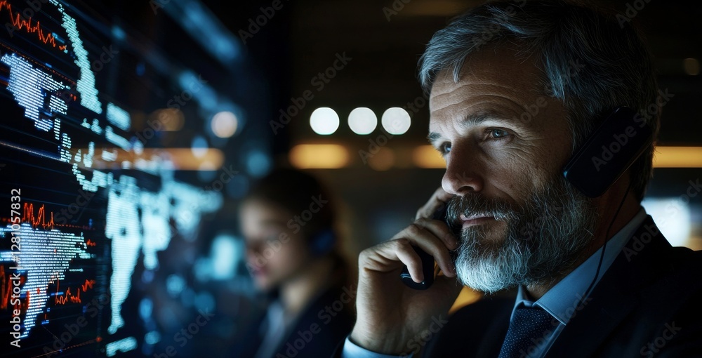 Aufkleber in the future, a male consultant utilizes holographic technology to focus on global networking withi