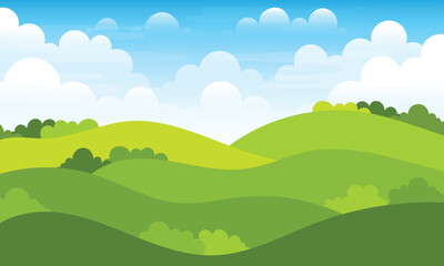 Obraz premium cartoon landscape of green hills and white clouds on a blue sky background.for nature concept poster banner design.vector illustration