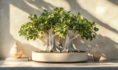 Fototapeta premium A serene indoor scene featuring a beautifully arranged bonsai tree on a minimalist shelf, with soft shadows