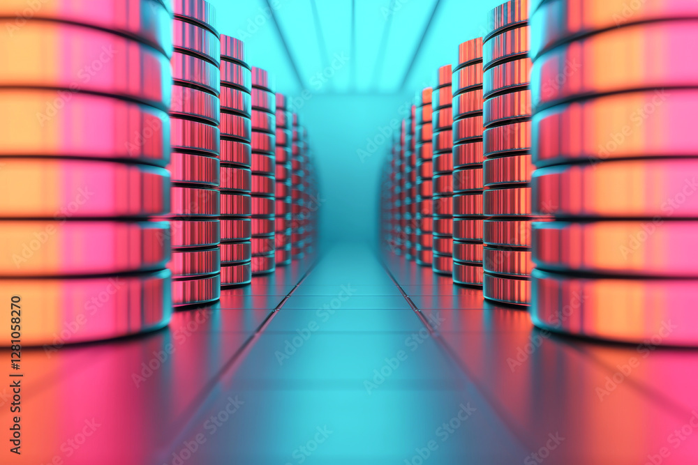 Poster colorful data storage in a futuristic digital environment with glowing elements.