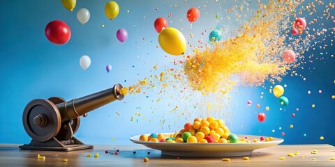 A yellow egg yolk splashes into a plate amidst a burst of colorful confetti and balloons after being shot out of a giant cannon , breakfast, motion