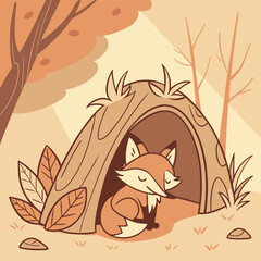 Cartoon Fox in Cozy Log Den: Cute Animal Illustration of Autumn Scene with Woodland Creature in Natural Habitat for Kids Art