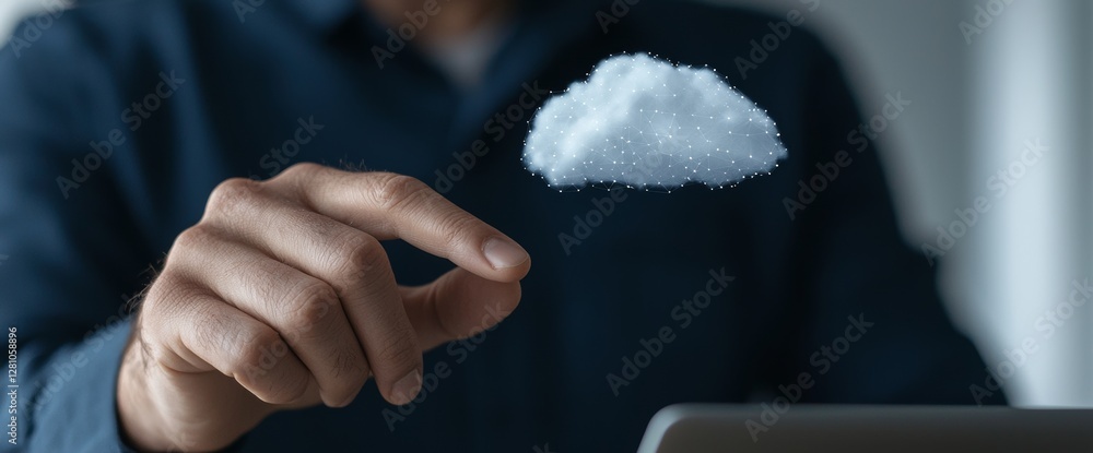 Poster cloud technology and networking concepts are illustrated through a business hand interacting with a 