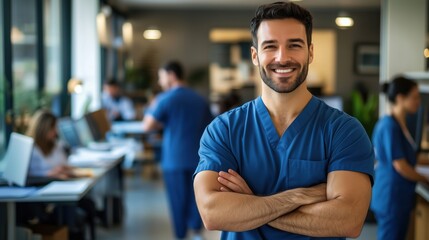 Fototapeta premium Friendly healthcare professional in scrubs smiling confidently in a modern medical office with busy staff in background
