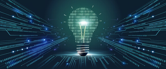 A digital artwork of a glowing lightbulb made of binary code, symbolizing the fusion of technology, innovation, and energy in a futuristic environment of data flow.
