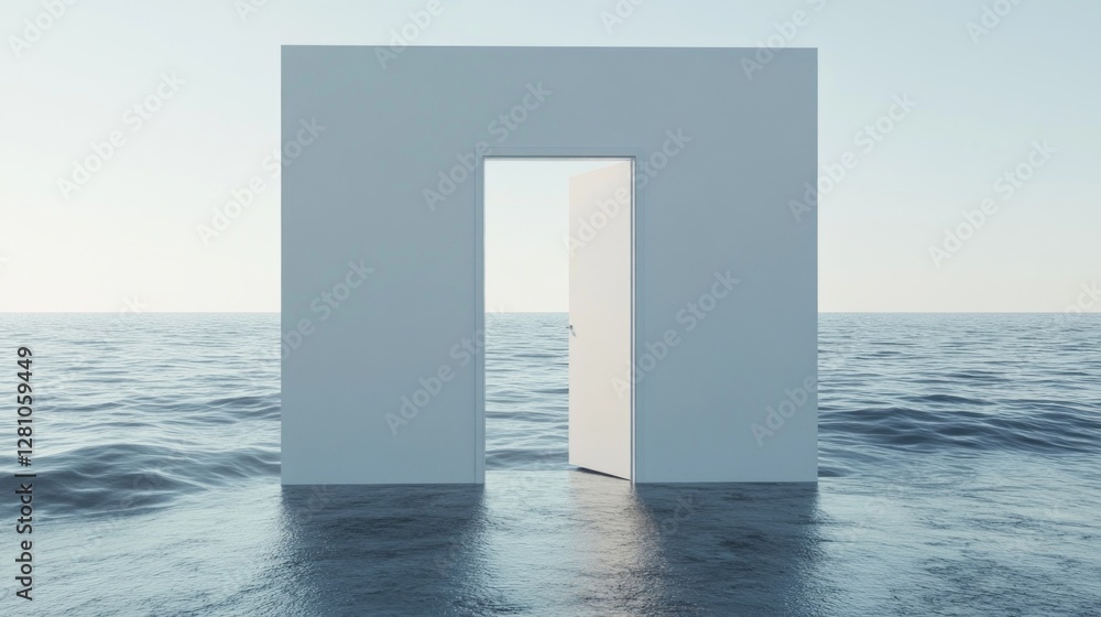Poster a pristine white door stands ajar, emerging from the calm sea under a vast sky. gentle waves lap at 