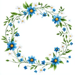 Obraz premium A vibrant floral wreath featuring blue flowers and greenery, designed with delicate white blooms, perfect for decoration or invitations.