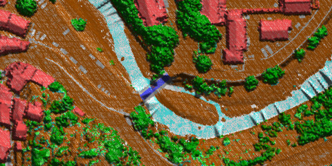 Concept de fond géographique - Données lidar HD - Vue aérienne de la topographie et hydrographie d'un territoire montagneux - Rendu 2d modèle numérique de terrain et nuage de points Lidar HD