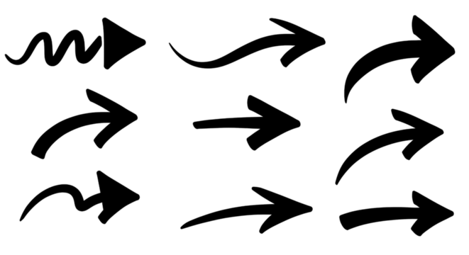 Hand-drawn PNG arrows set with transparent background, ideal for presentations, infographics, social media, graphic design, digital scrapbooking, educational materials, and creative projects
