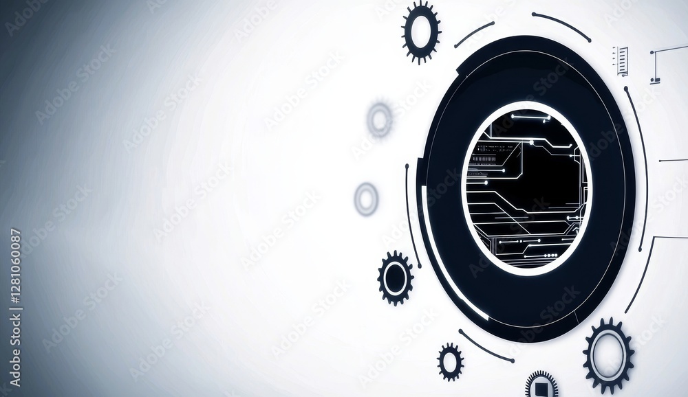 Poster an abstract blue backdrop of computer technology featuring a circuit board and circular tech element