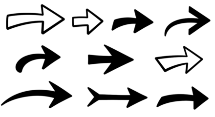 Hand-drawn PNG arrows set with transparent background, ideal for presentations, infographics, social media, graphic design, digital scrapbooking, educational materials, and creative projects