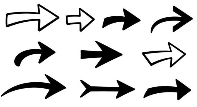 Hand-drawn PNG arrows set with transparent background, ideal for presentations, infographics, social media, graphic design, digital scrapbooking, educational materials, and creative projects