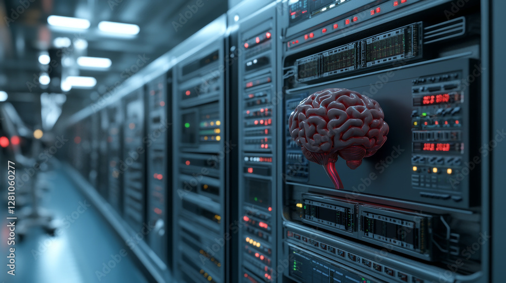 Aufkleber digital brain integrated into server rack, symbolizing ai and technology. scene conveys futuristic a