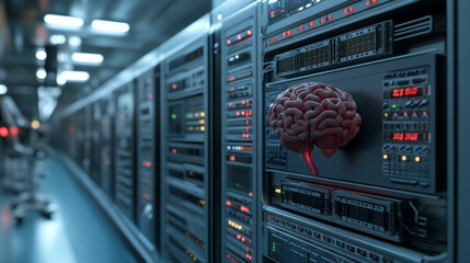 digital brain integrated into server rack, symbolizing AI and technology. scene conveys futuristic atmosphere with glowing lights and intricate machinery