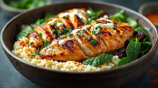 Grilled chicken breast served on couscous with spinach and drizzled sauce.
