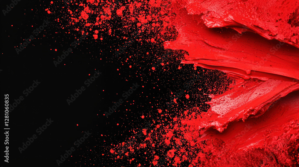 Poster bright red paint splashes against black background, creating dynamic visual effect. vibrant color ev