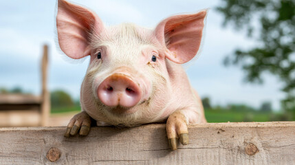 Cute pig resting on wooden fence in green farm setting, enjoying outdoors