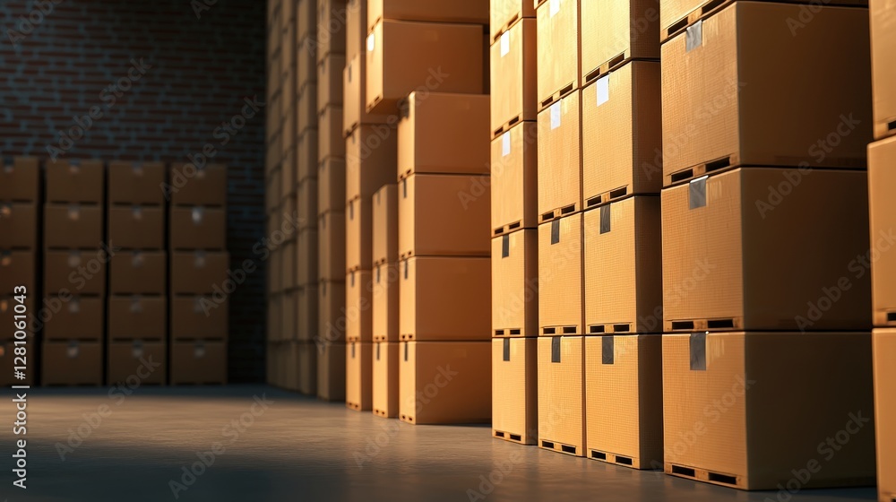 Poster a neat stack of cardboard boxes is arranged in a well-lit warehouse, creating an organized storage s