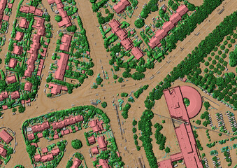 Concept de fond géographique - Données lidar HD - Vue aérienne de la topographie d'un territoire urbain - Rendu 2d modèle numérique de terrain et nuage de points Lidar HD