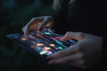 Fototapeta premium A hologram chart on a phone displays a woman's hands reviewing financial data on a heads-up display, which includes a stock market database and information on the future of the global economy, as